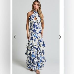 TALIA MAXI DRESS - HALTER NECK LAYERED DRESS IN BLUE AND WHITE PRINT - size L